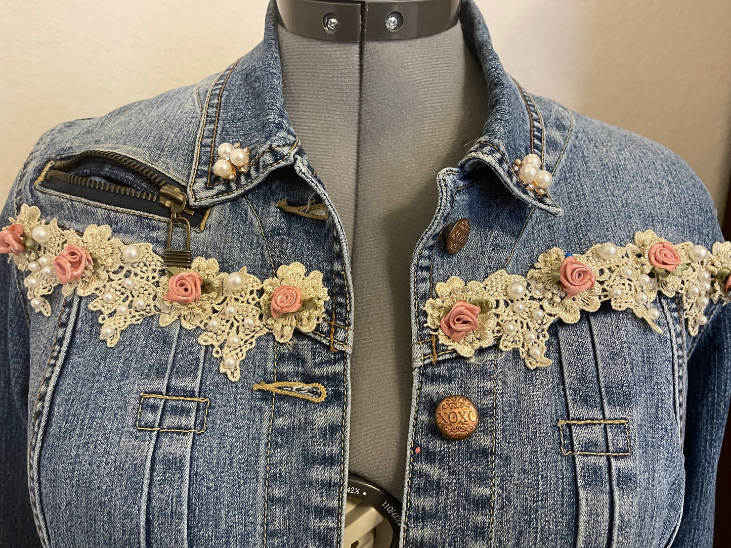 Denim Woman's Back Laced Rose and Pearl Jacket